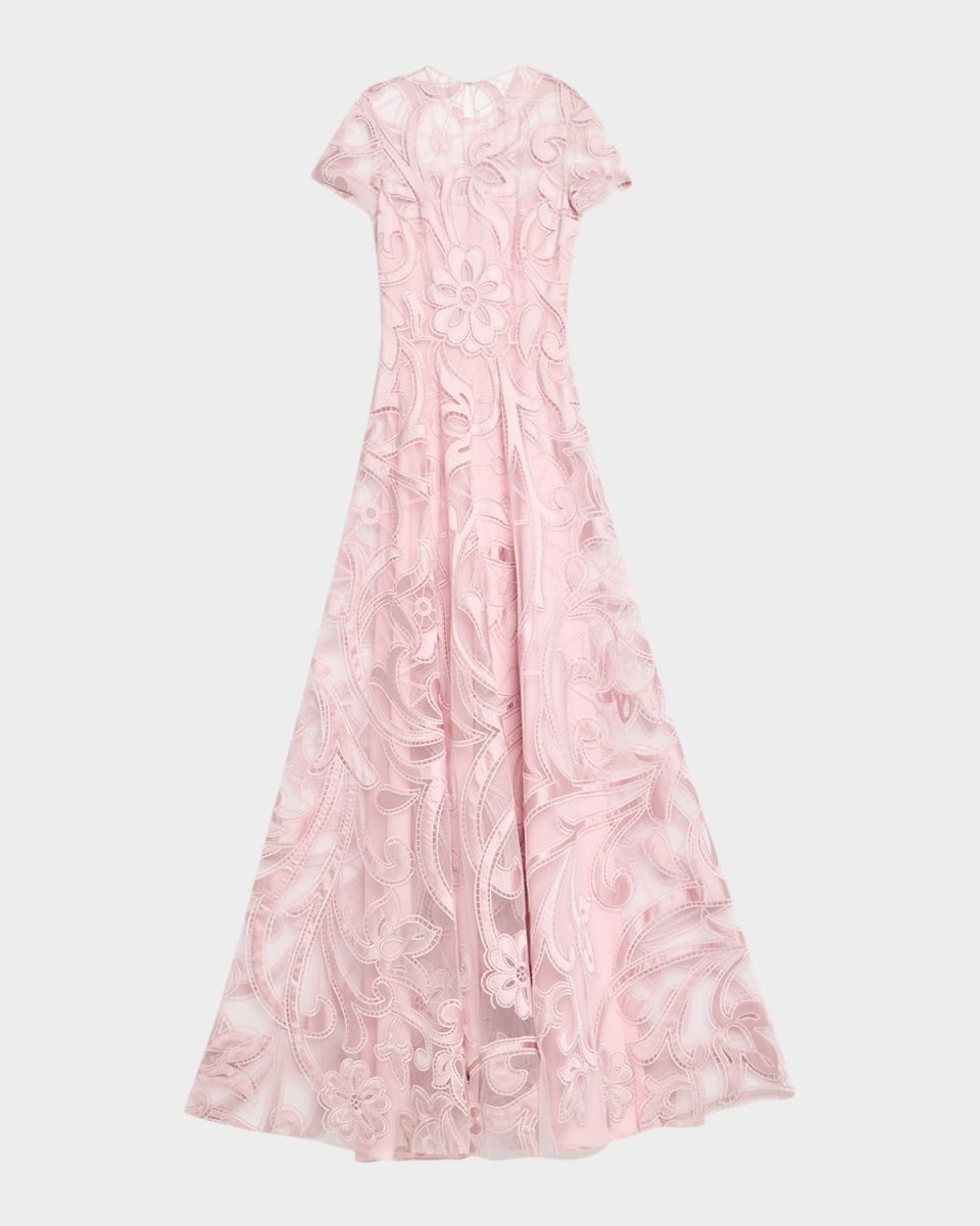 Floral Lace Cutout Matte Satin Short-Sleeve Gown